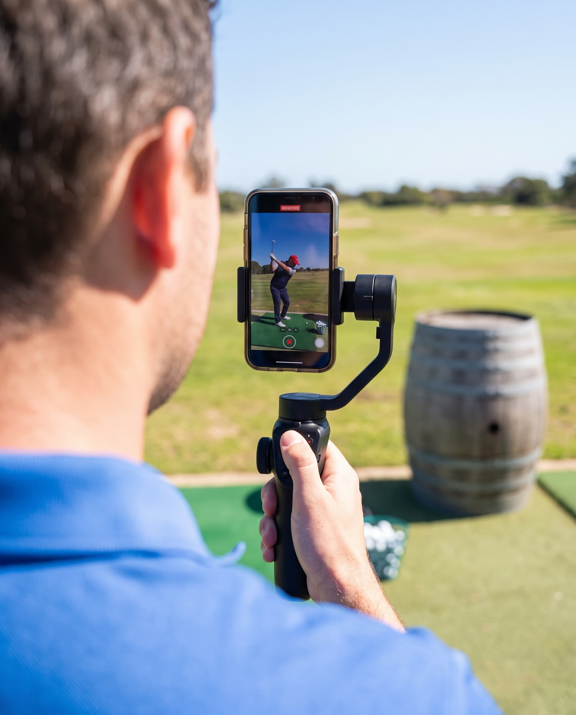 A Barrel-In-One marshal filming a player's attempt on a phone gimbal